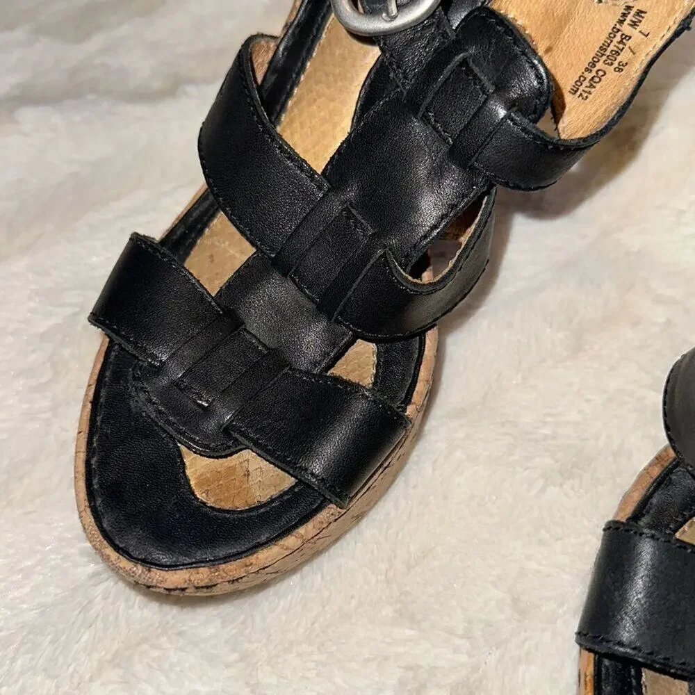 Born Black Patent Leather Cork Wedge Sandals | Sz 7
